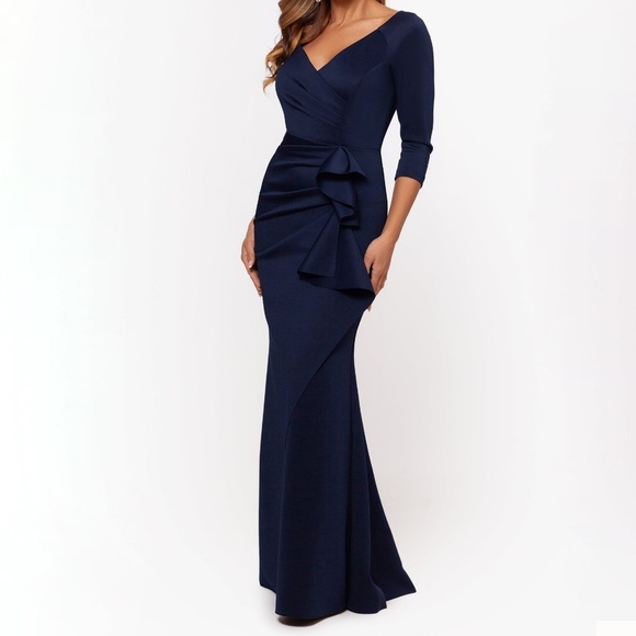 Xscape Evenings. Lexi Long Sleeve Scuba Ruched Side Dress - Picture 1 of 12